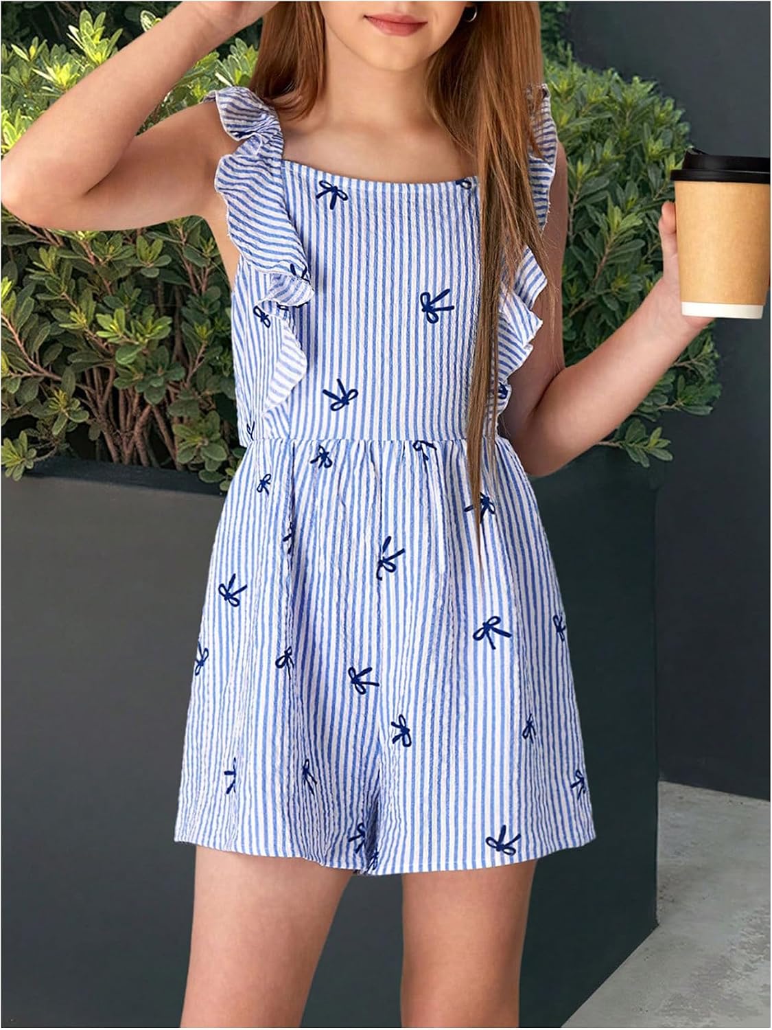 SHENHE Girl's Ruffle Sleeveless Romper Bow Back Striped Cute Summer Romper Jumpsuit