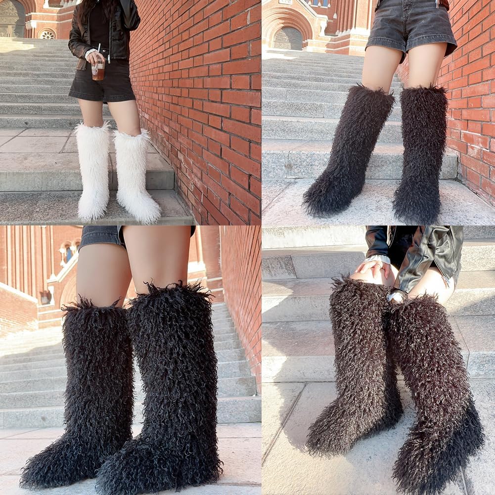 Faux Fur Tall Furry Boots for Women Plush Warm Snow Boots Fuzzy Boots Plush Warm Comfortable Outdoor Indoor Flat Shoes