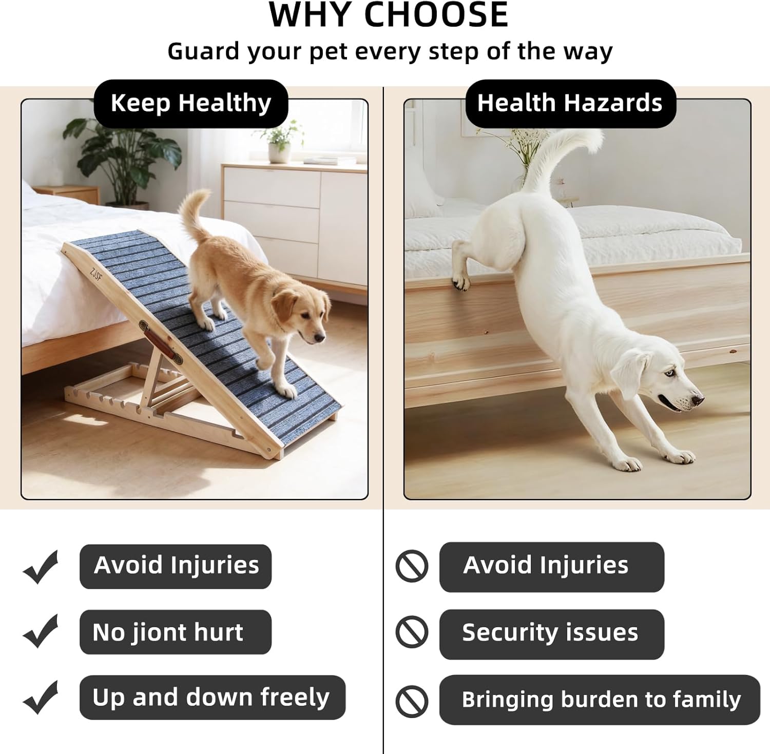 ZJSF Foldable Wooden Dog Ramp for High Bed, Dog Stairs for Small and Large Dogs, High Traction Platform with 6 Adjustable Heights (14"-28"), 47.8", Supports up to 200 lbs