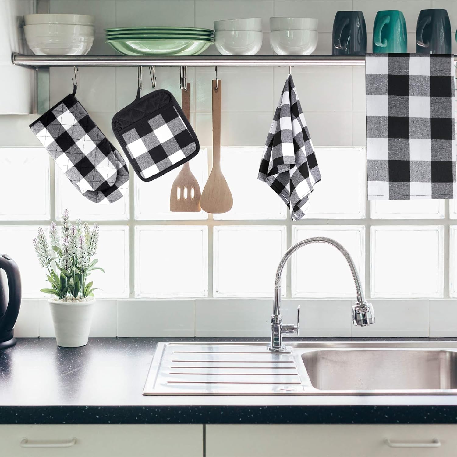 7 Pieces Buffalo Check Dish Towels Pot Holders Oven Mitts Set Cotton Plaid Kitchen Dish Towels Non-Slip Heat Resistant Oven Mitts and Pot Holders for Cooking Baking Grilling Supply (Black with White) - Image 5