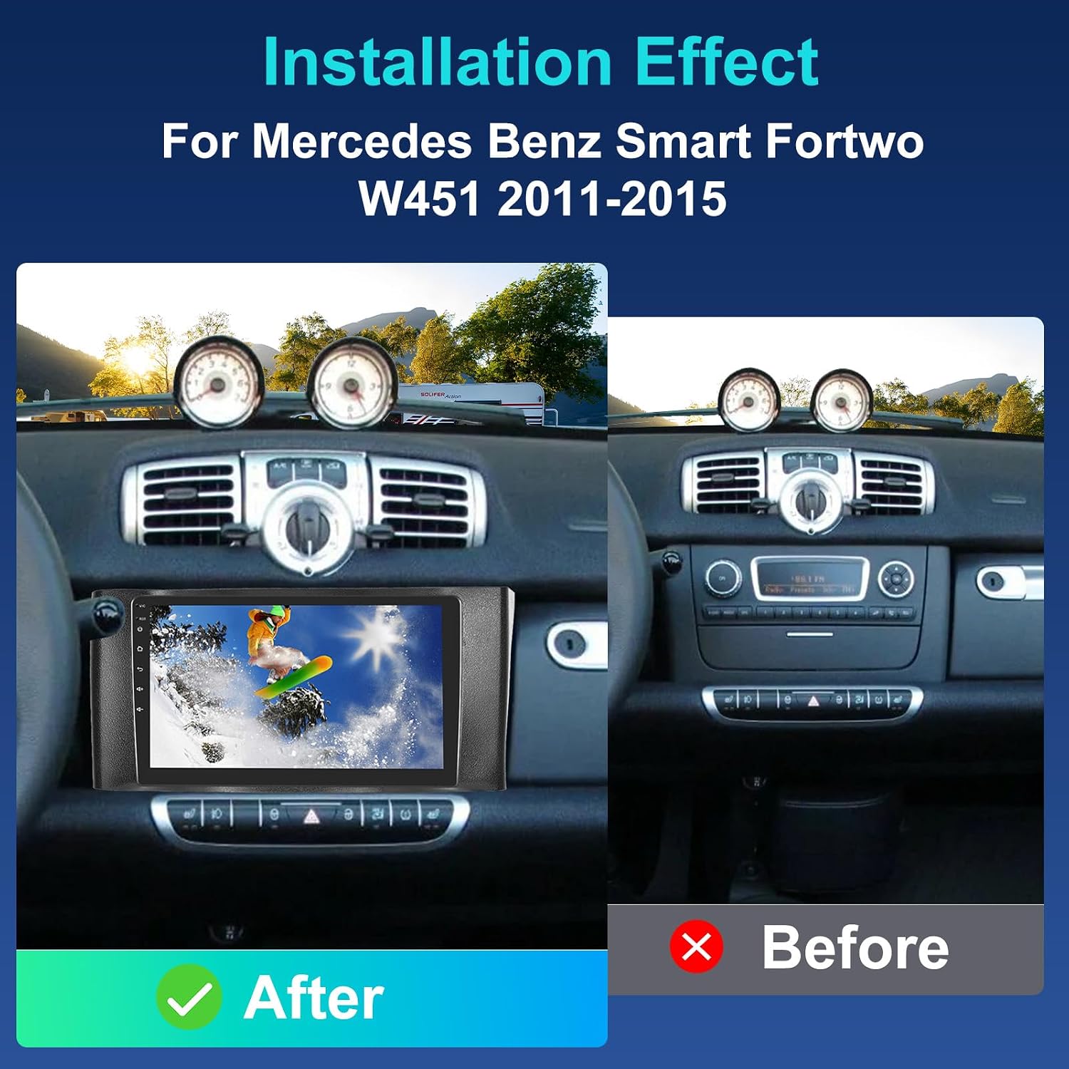 Before and after installation comparison of the car radio in a Mercedes Benz Smart Fortwo W451 dashboard.