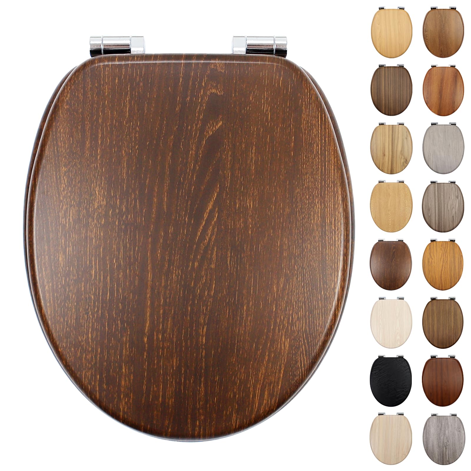 Fanmitrk Traditional Wooden Toilet Seat Soft Close, MDF Adjustable Hinges with Bottom Fixture,Easy to Clean and Install for Bathroom (BLG244-1-01)