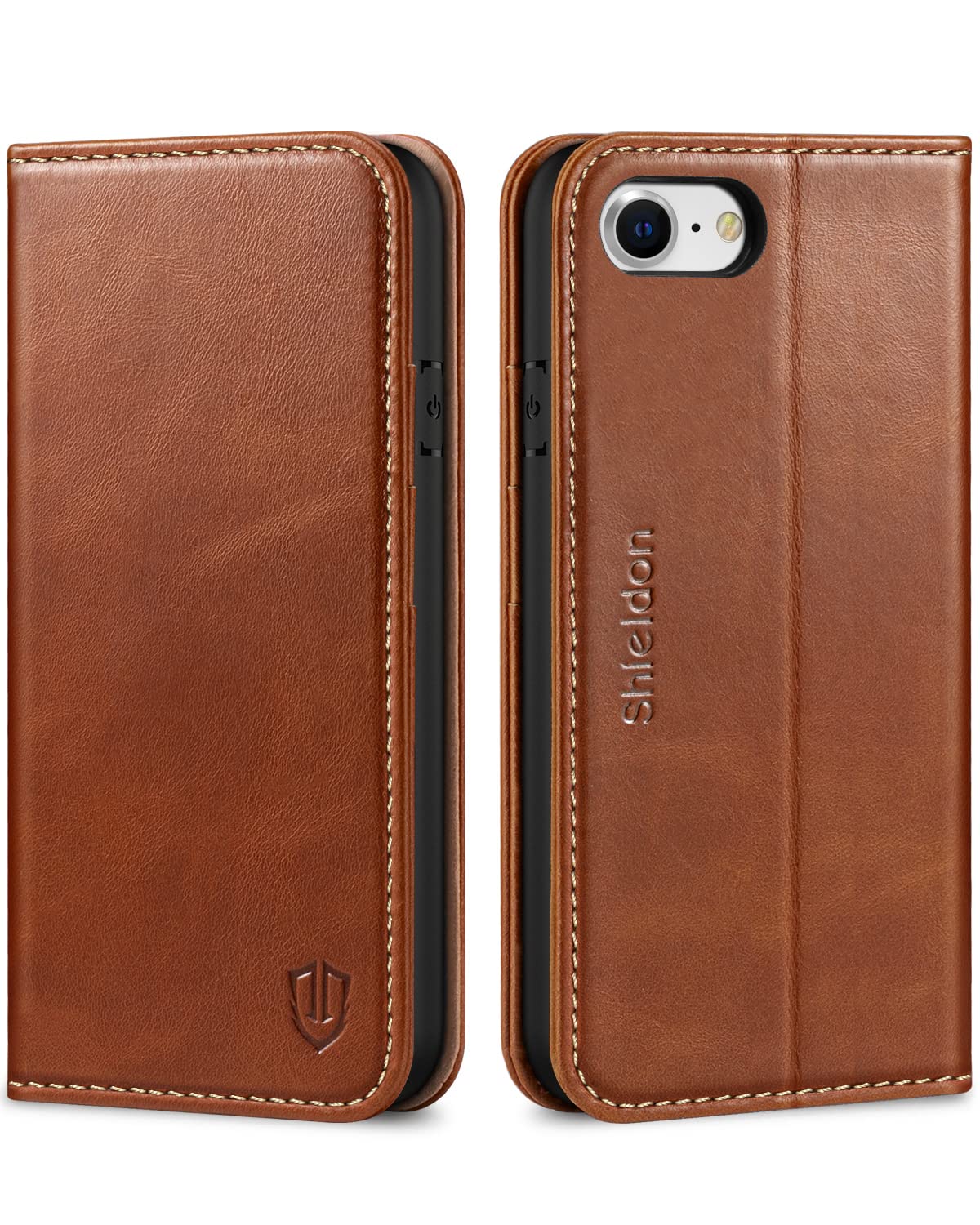 SHIELDON Wallet Case for iPhone SE 2022, Genuine Leather iPhone SE 2020 Folio Case Magnetic Shock Absorbing Case Credit Card Holder Kickstand Compatible with iPhone 8/7 4.7" - Retro Brown