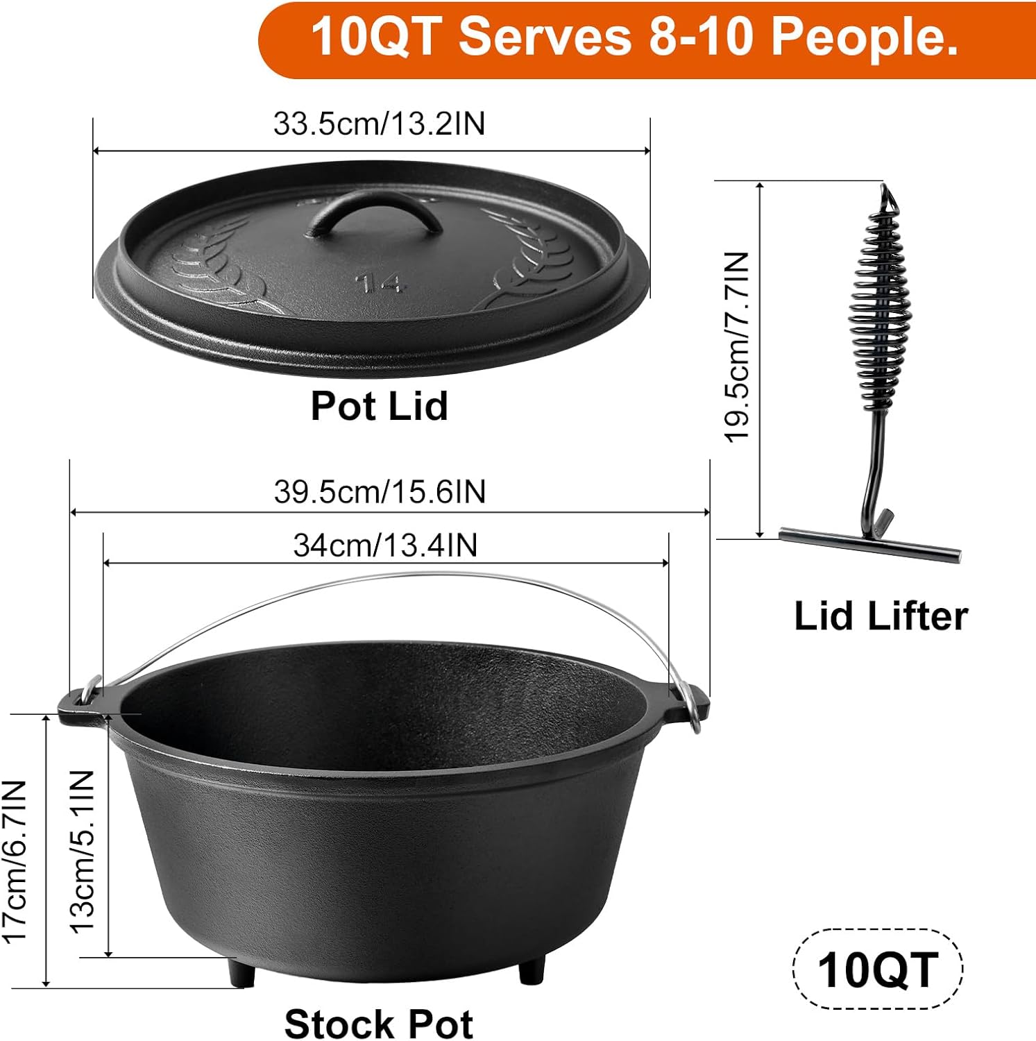 10 qt pre-seasoned cast iron camp dutch oven with lid, large camping dutch oven pot with tripod stand, incl. lid lifter - dual handles - for outdoor campfire, grill, oven&stovetop cooking - black 10qt
