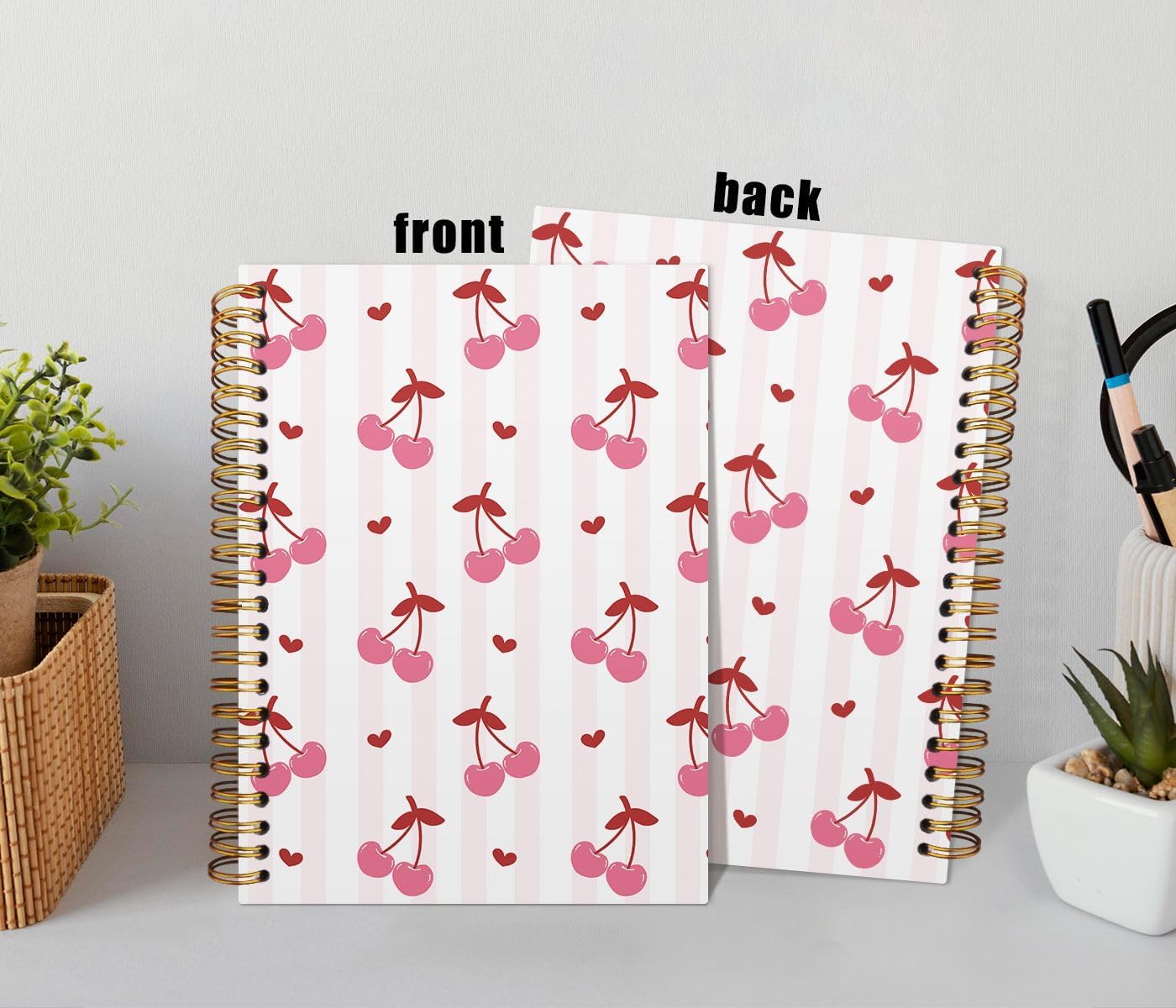 Pink Stripe Cherry Notebook,Preppy Lined Spiral Notebook Hardcover,College Ruled Notebook,Office School Journal Notebook for Work,5.5x8.3 Inch 80 Pages,Gifts for Women Teen Girl - Image 3
