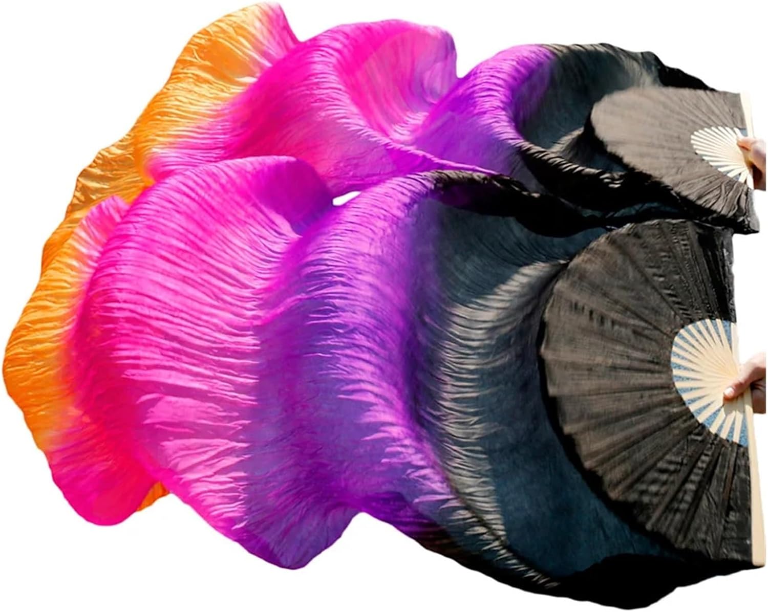 1 Pair Belly Dance Silk Fan Real Long Fans Handmade Gradient Color Practice Dancing