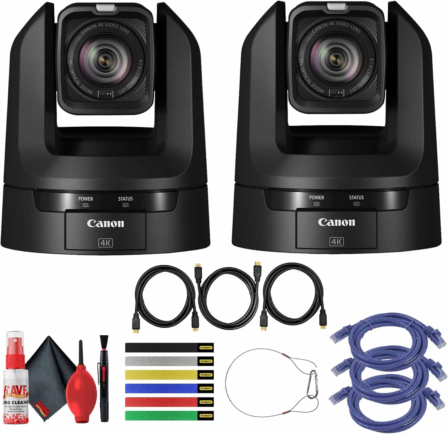 Canon CR-N100 4K NDI PTZ Camera with 20x Zoom (Satin Black) (6527C001) + 3 x HDMI Cable + 6 Assorted Color Cable Ties + 3 x Network Cable + Cleaning Kit (3-Pack) (Renewed)