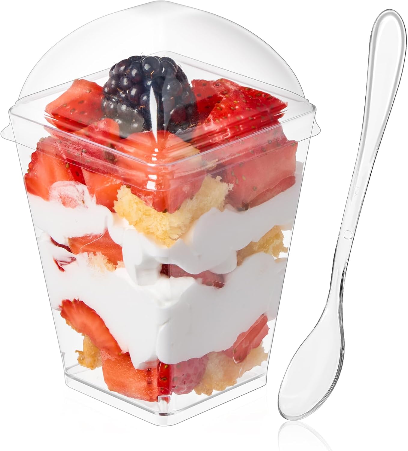 Soelomu 5 oz Plastic Dessert Cups with High Flat Lids and Spoons, 50 Pack