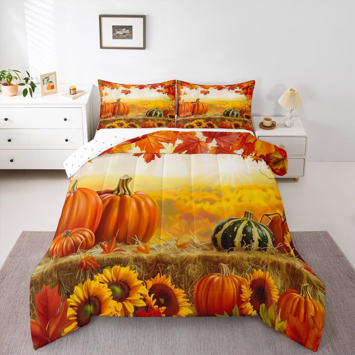 Feelyou Fall Bedding Set for Girls Boys Kids Full Size Maple Leaves Pumpkin Comforter Cover Room Decor Daisy Botanical Floral Printed Duvet Cover Beige Orange Yellow Quilt Set