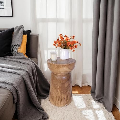 Miniatura 5 de Athaliah Mesa auxiliar de madera, mesa auxiliar de madera rústica tallada a mano de 19 pulgadas, mesa auxiliar redonda de madera de paulownia