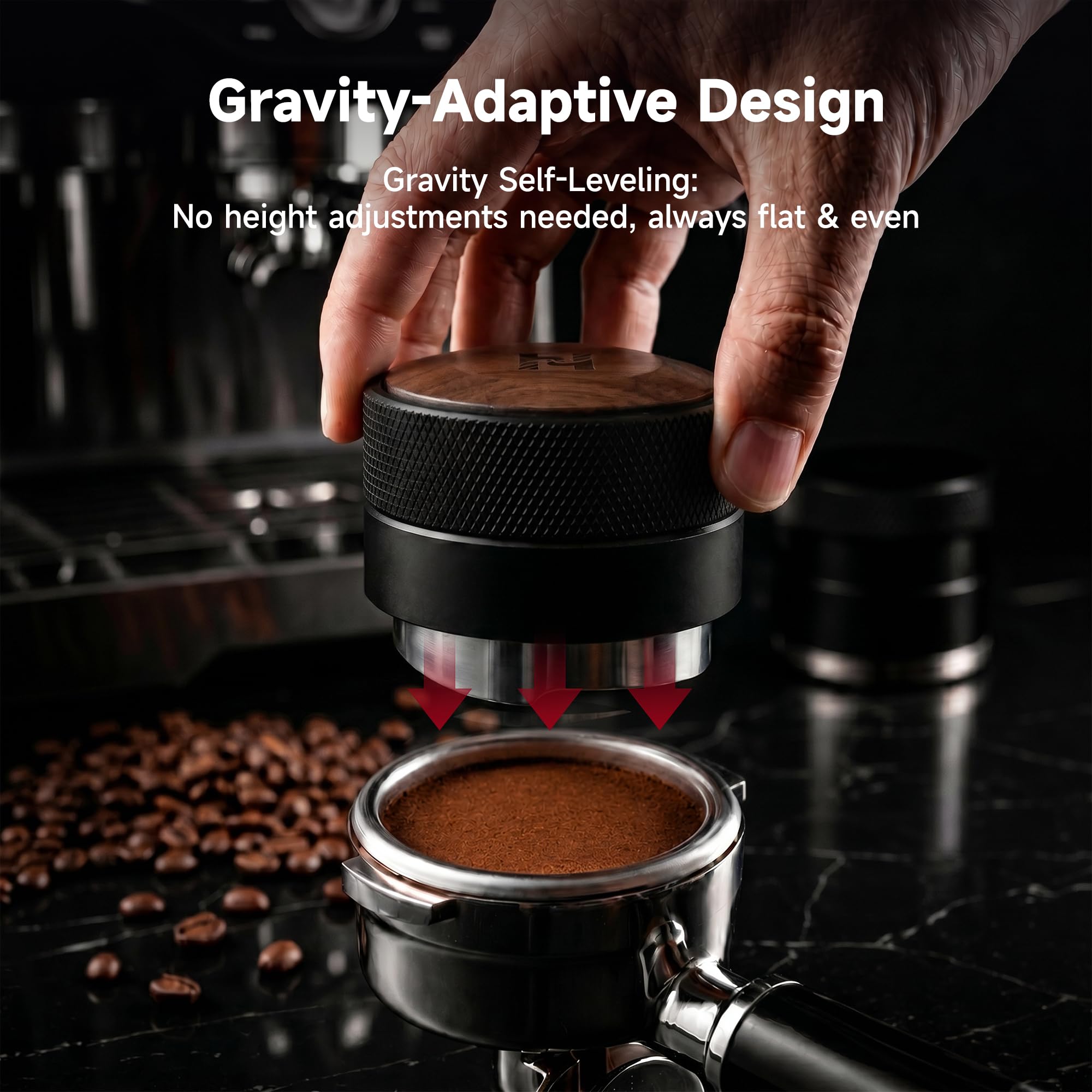 HiBREW Distribuidor de espresso basado en gravedad de 58,5 mm, distribución autonivelante, se adapta a todos los portafiltros sin fondo de 58 mm, aluminio anodizado con base de acero inoxidable de 4
