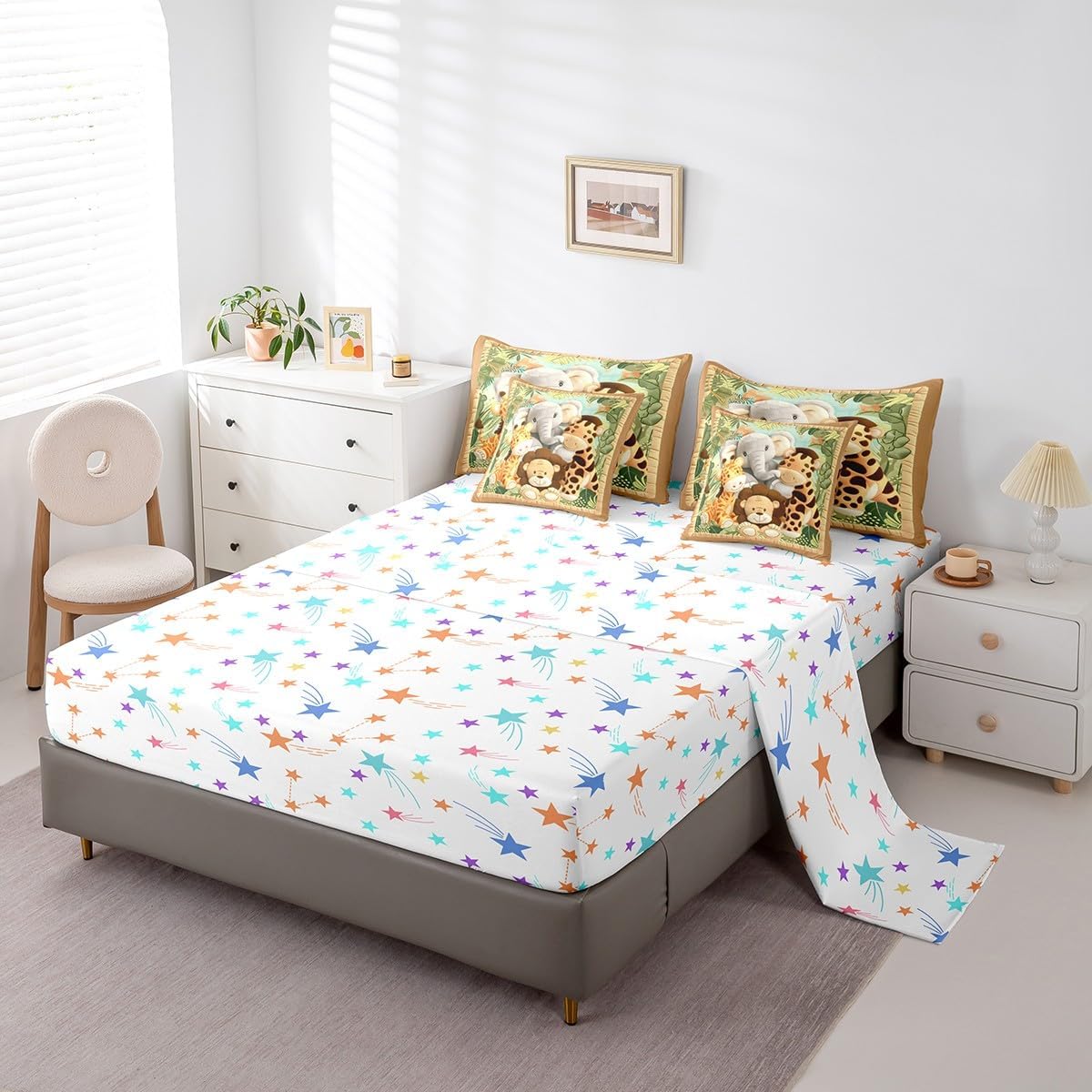 Feelyou Toddler Cartoon Animal Queen Comforter Set with Sheets for Kids Boys Girls Tiger Bed in a Bag Elephant 7 Pieces Bedding Set Bedroom Decor Lion Bed Set Elephant