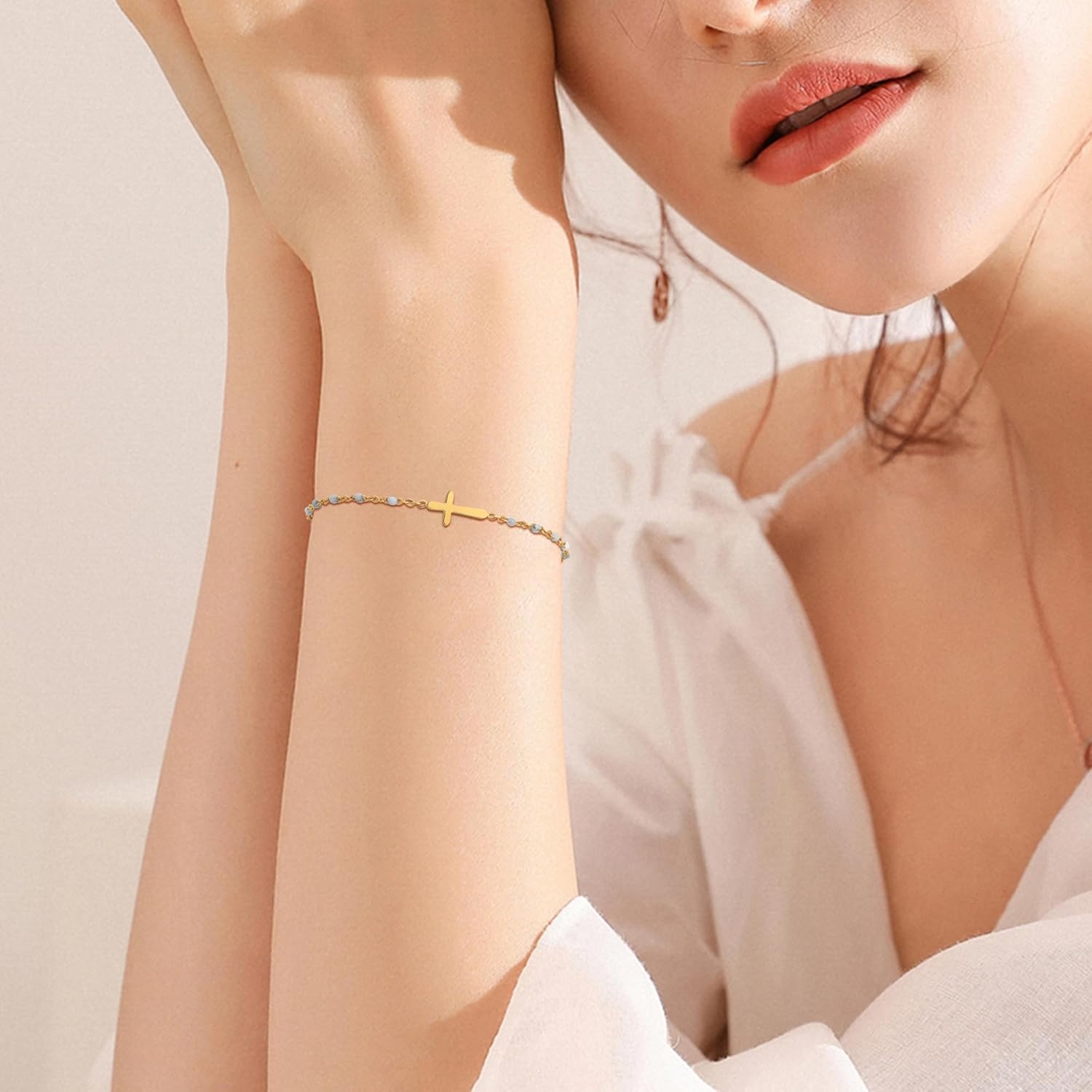 14K Gold Plated Cross Beaded Bracelet for Women, Religious Faith Cross Adjustable Stainless Steel Bracelet Link Chain Bracelet Confirmation Jewelry Gifts for Women - Image 3
