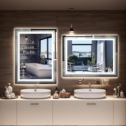 Miniatura 7 de Fangflower Espejo LED de 36 x 28 pulgadas para baño con luces integradas, espejos de pared iluminados con antiempañamiento, memoria, regulable, 3