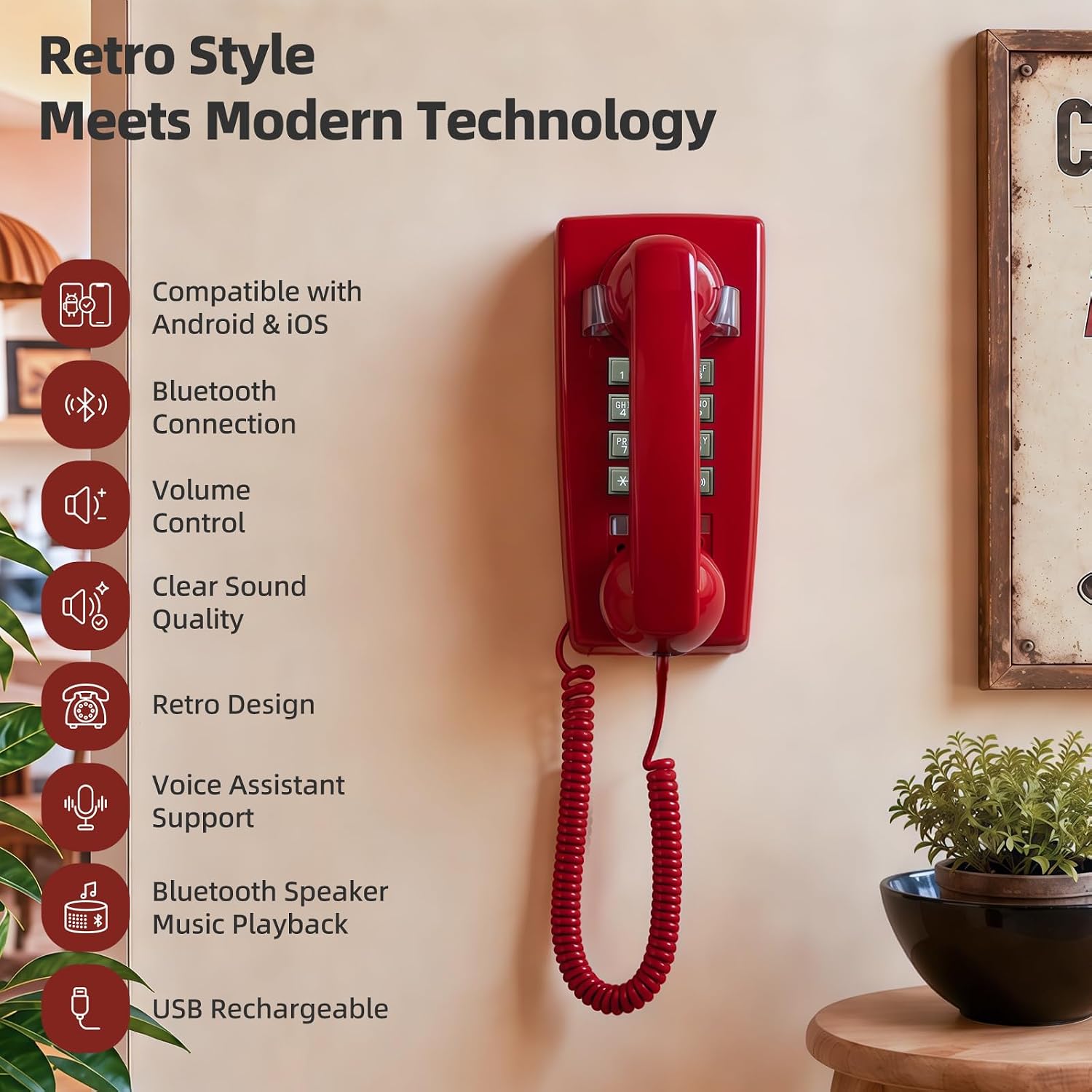 Bluetooth Retro Wall Phone Bluetooth Compatible with Android & iOS, Bluetooth Landline Phone Wireless Home Telephone with Voice Assistant,Speakerphone & Volume Control, Red