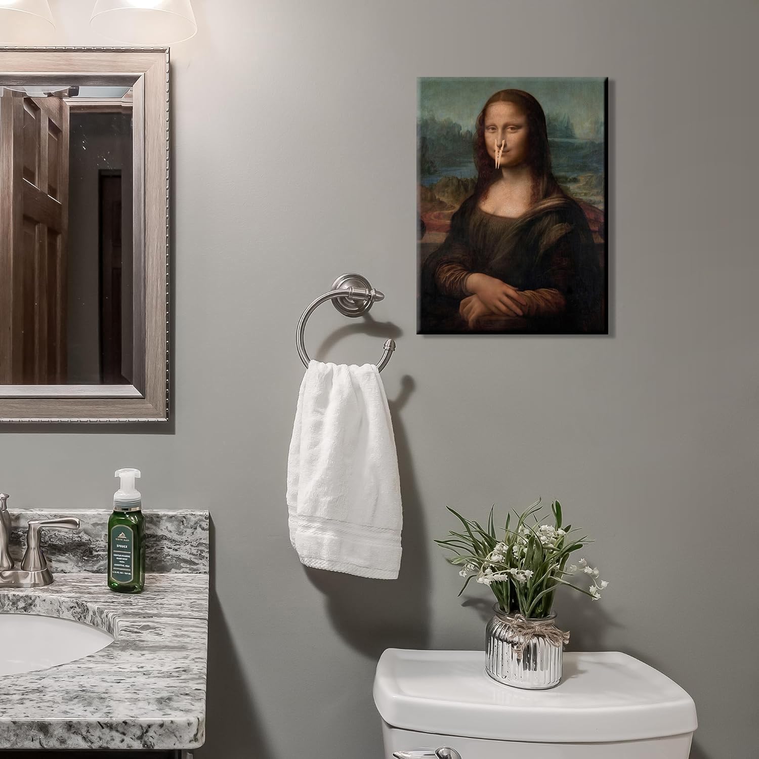 YTAPIFS Funny Mona Lisa with Clothespin Wall Art - 16x24 Framed Canvas Print, Humorous Bathroom Decor, Renaissance Parody Poster for Restroom & Powder Room, Ready to Hang, Unique Housewarming Gift