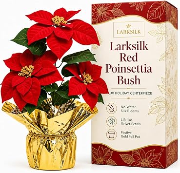 Larksilk Red Poinsettia Bush in Pot, Faux Holiday Centerpiece | Red velvet silk poinsettia bush with 3 flowers in gold foil pot for holiday tables & centerpieces