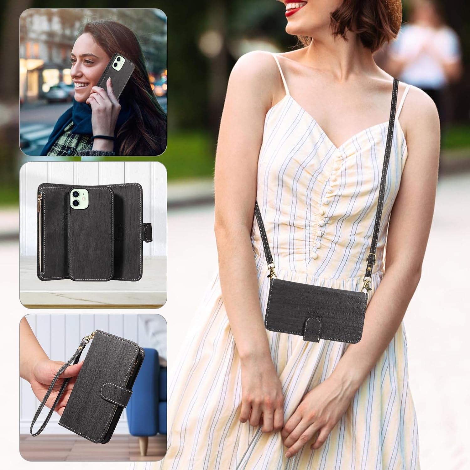Asuwish Phone Case for iPhone 12 Pro iPhone12 6.1 Zipper Wallet Magnetic Detachable Cell Cover with Tempered Glass Screen Protector Crossbody Strap Card Holder iPhone12pro 5G i 12s 12pro Women Black