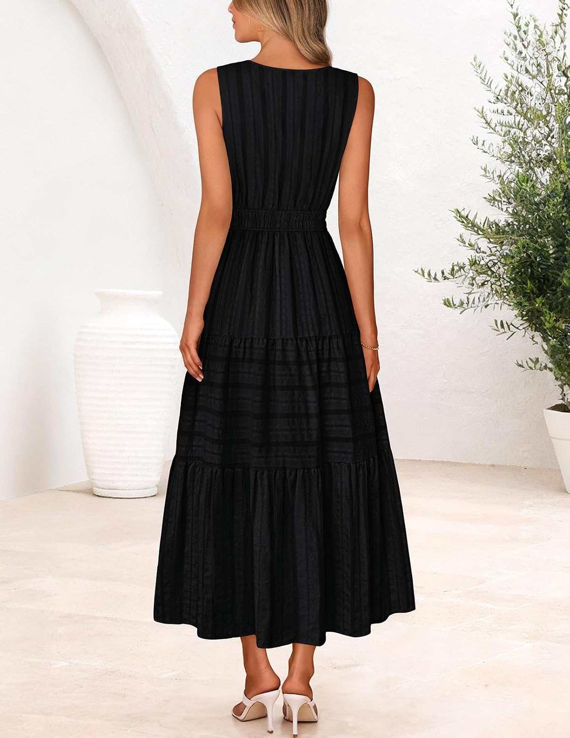 MEROKEETY Womens Summer Casual Midi Maxi Dress 2026 Beach Vacation Sleeveless Boho V Neck Cotton Modest Long Dresses Pockets thumbnail