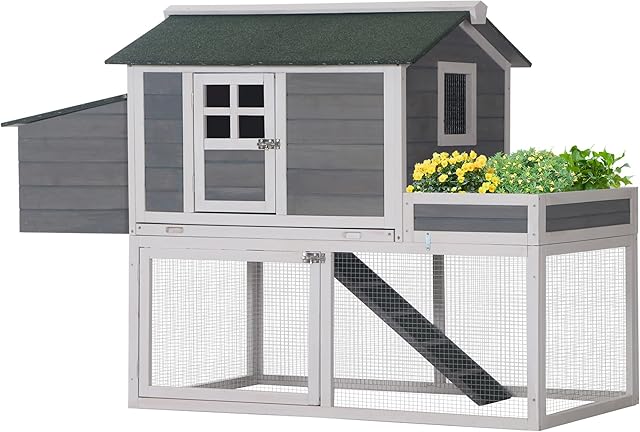 PawHut Chicken Coop with Run Backyard Hen Cage Wooden Chicken House Poultry Coops Cages with Plant Box Nesting Box 160 x 80 x 110cm