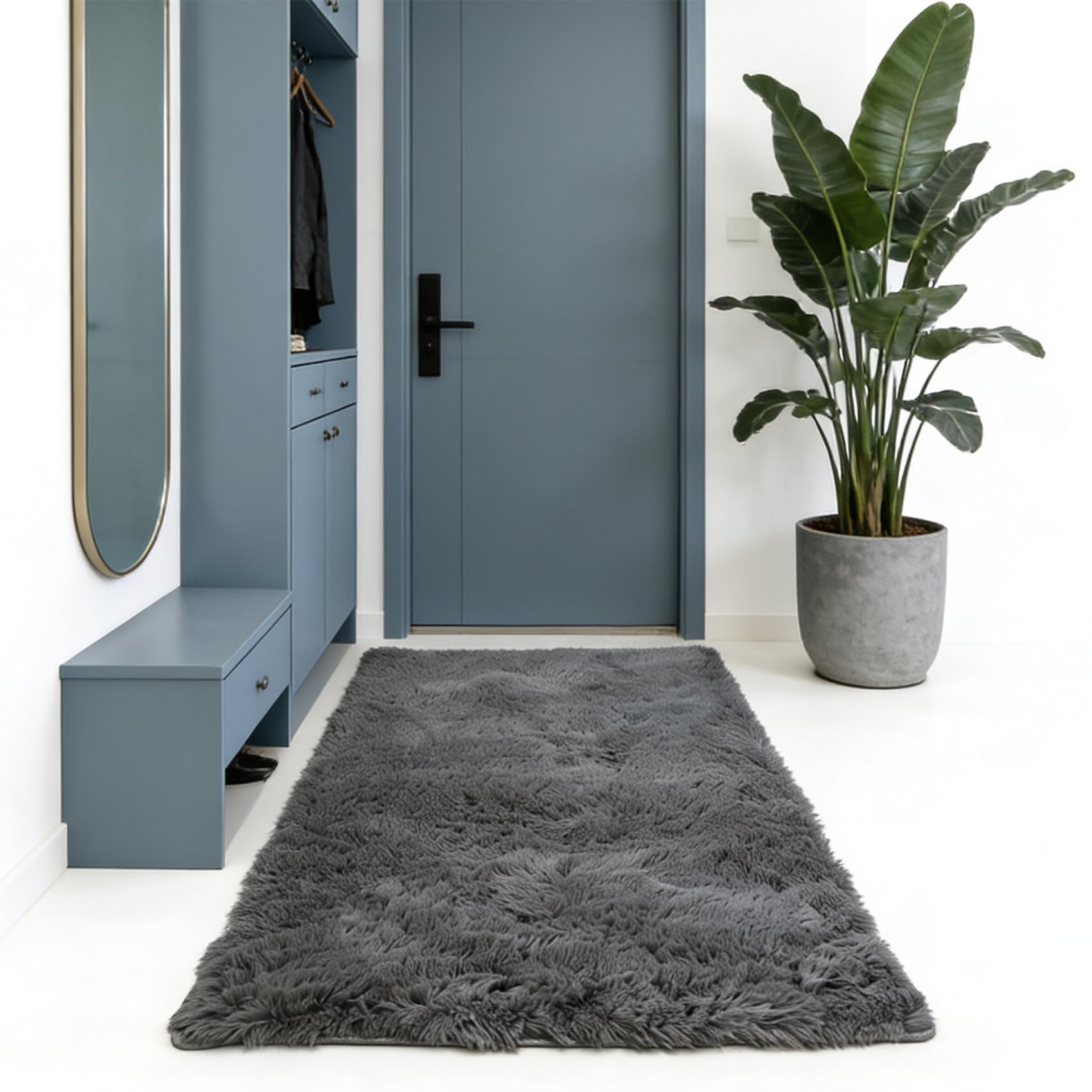Tapis de salon gris 250x165 cm à poils longs et moelleux pour grand séjour