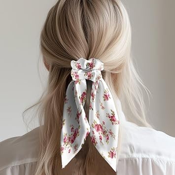 Pink Flowers Hair Scarf Scrunchies Set of 3 Hair Bow Ties Soft Satin Hair Scrunchy with Bow Ponytail Holders Detachable Hair Accessories for Girls