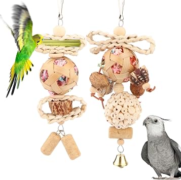 Wontee Bird Toys Colorful Shredding Crinkles Foraging Toys Natural Sola Ball Chew for Cockatiels Conures Parakeets Budgies Senegal 2 Pack