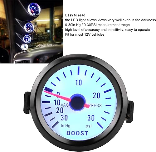 Miniatura 6 de Medidor de puntero de impulso para automóvil, medidor de presión de vacío universal 0-30PSI 12V, esfera LED azul, 2.047 in de diámetro para motores