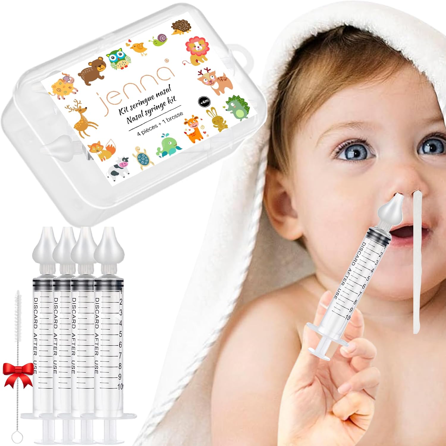 Jenna® Juego de 4 cepillos gratuitos para jeringa nasal 10 ml baby fly Enjuague de irrigación nasal sin higiene Boquilla de aspiración eficaz Limpiador nasal reutilizable Suero fisiológico