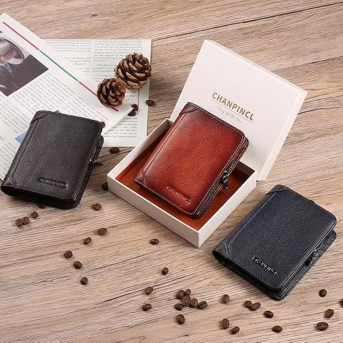 Miniatura 6 de Cartera de cuero con cremallera para hombre con bloqueo RFID con 8 ranuras para tarjetas, 2 bits de fotostarjetas de identificación, 2 ranuras