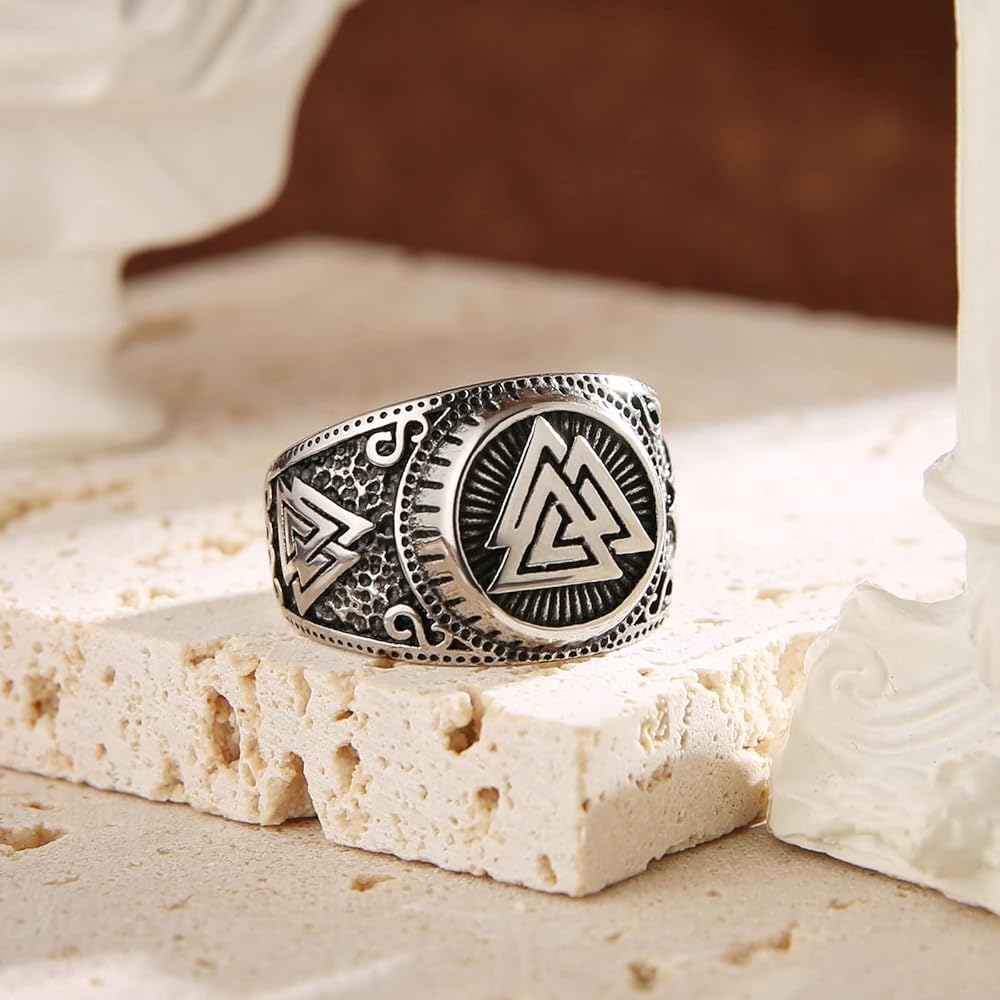 Viking Valknut Ring for Men - Norwegian Odin Triangle Symbol Signet Ring of Stainless Steel - Fashion Hip Hop Biker Vintage Amulet Celtic Ring Protection Jewelry, Metal, Agate