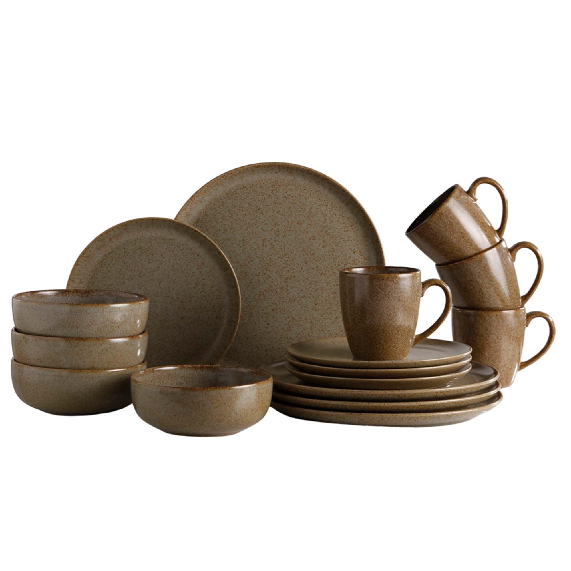 Corona - Servizio da tavola in ceramica da 16 pezzi, piatti, ciotole e tazze, per 4 persone, colore: terra