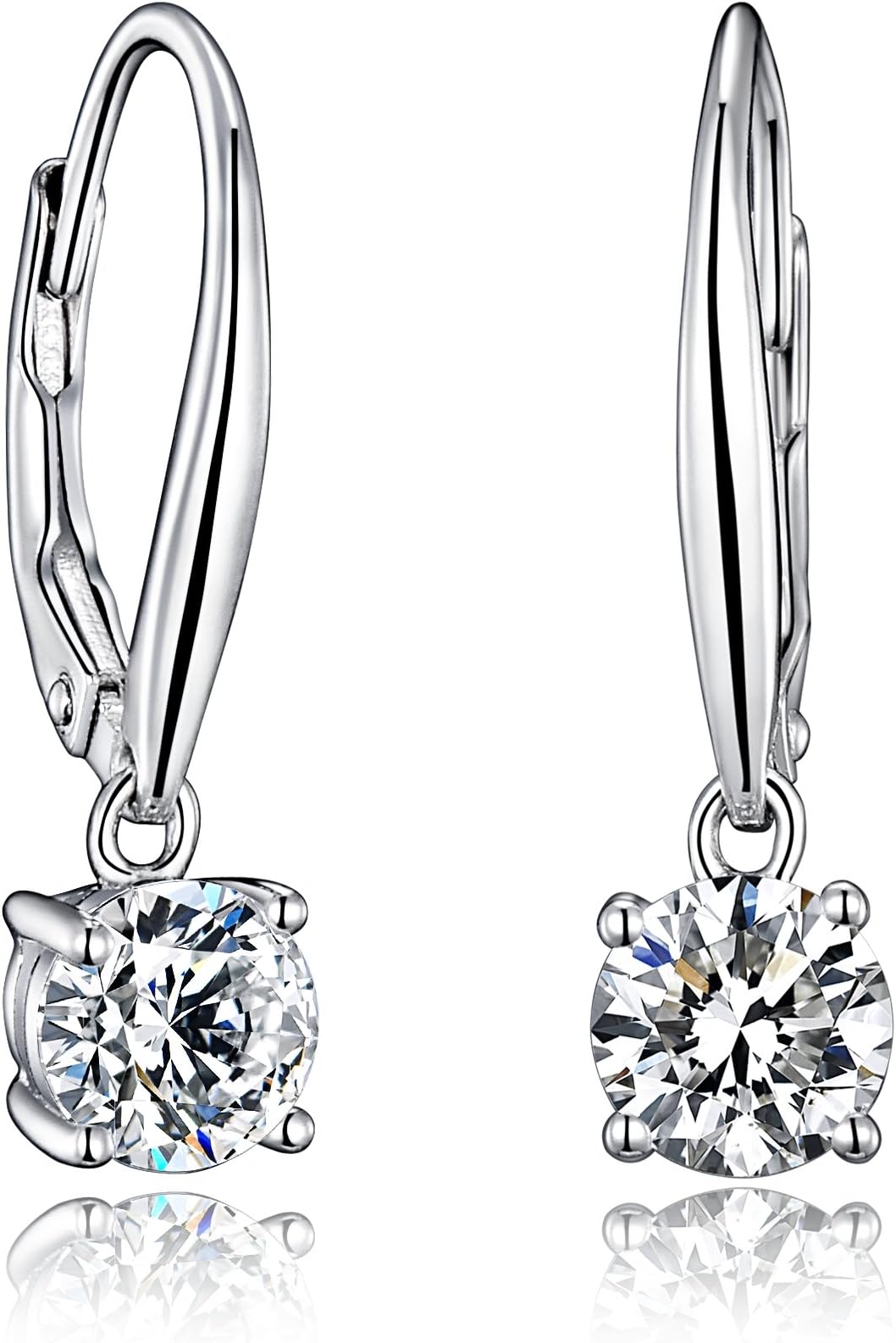 Sterling Silver Dangle Drop Lever Back Earrings With Two 6.0mm/1.45ct Hearts & Arrows Cutting Simulated Diamonds - New Release