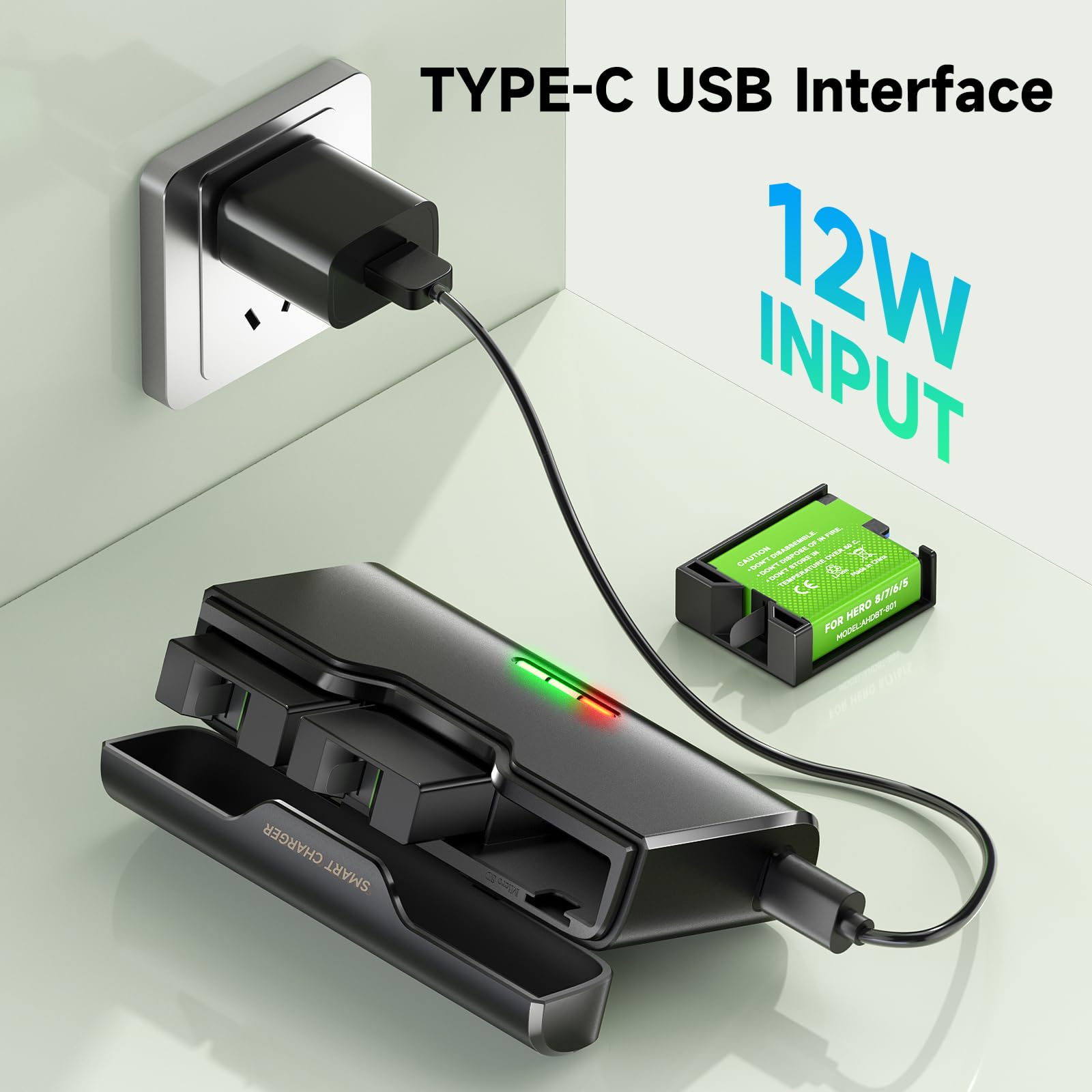 Lot de 3 batteries pour Go-pro Hero 8/7/6/5 et chargeur pour Go Hero 12/11/10/9/8/7/6/5 - Chargeur de batterie avec accessoires de batterie, charge rapide, basse température