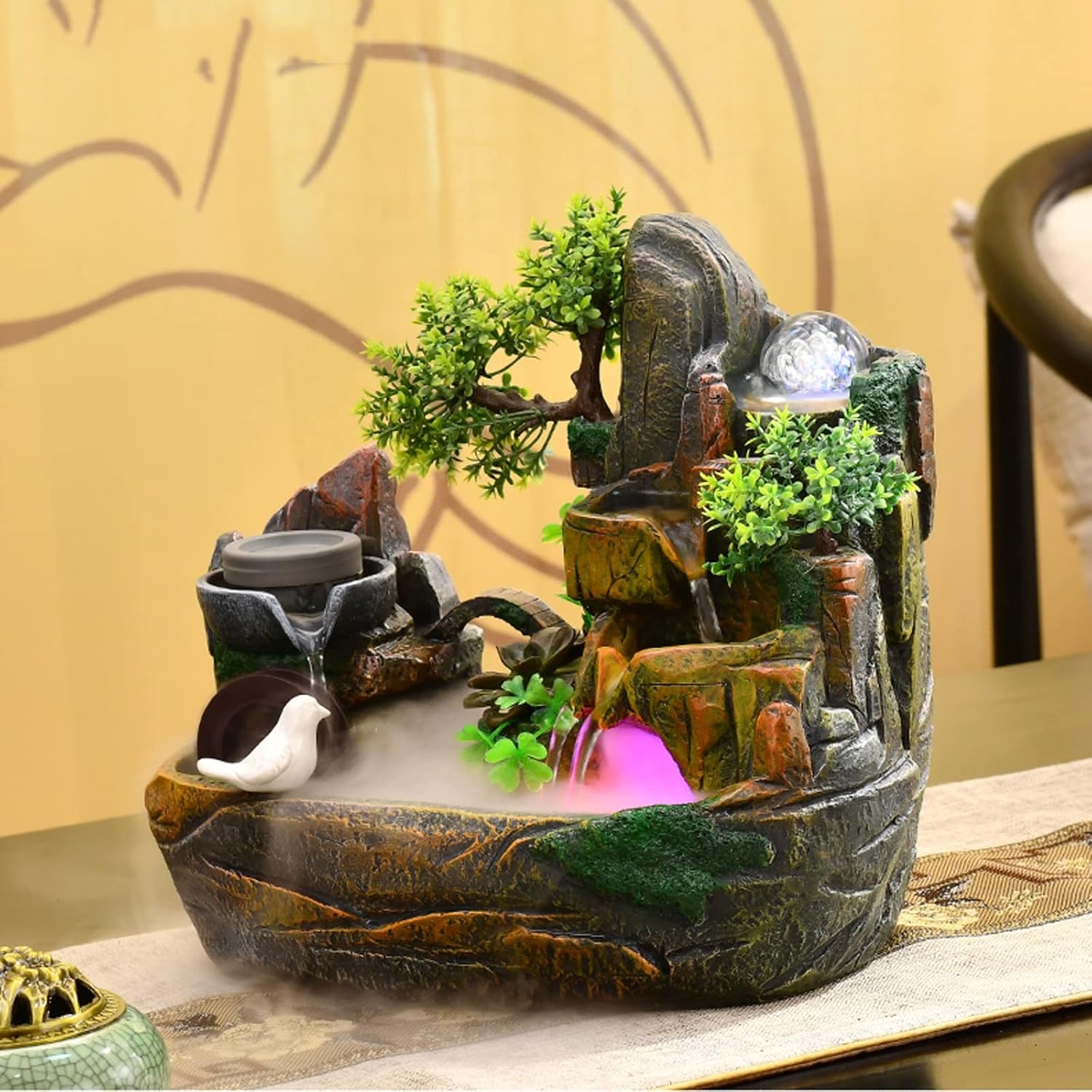 Water Fountains Indoor Resin Fake Mountain Flowing Water Indoor Fountain Feng Shui Wheel Inviting Wealth Turning Ball Water Features Ornaments Living Room Offic(One L)