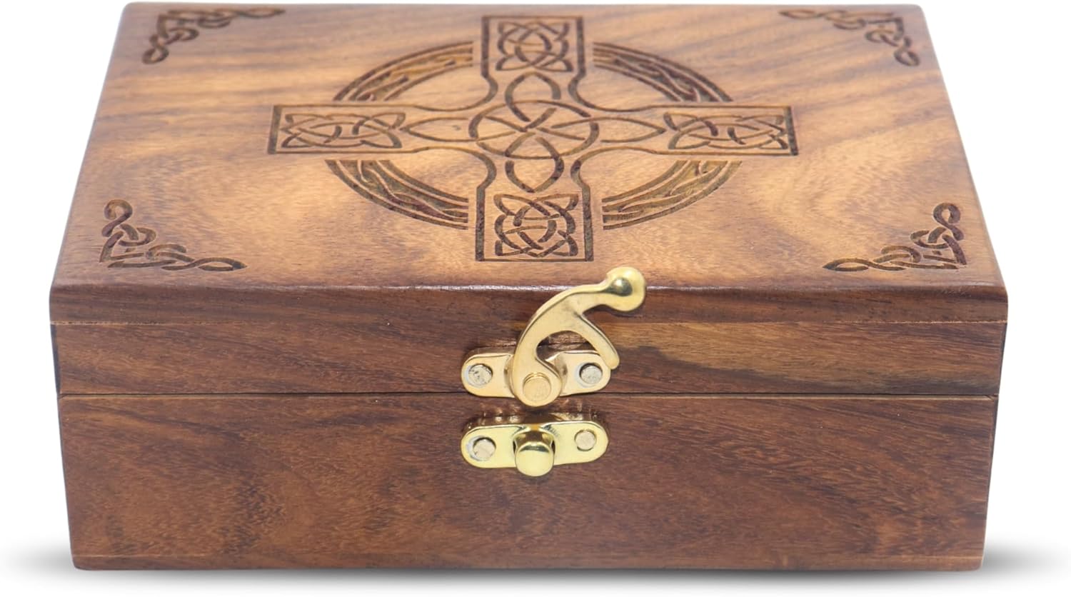 Celtic Cross Wooden Jewelry Box, Rosewood Handmade Engraved Christian Keepsake Storage Chest for Women & Men, Religious Gift Box, Vintage Wooden Treasure Organizer for Jewelry & Decor
