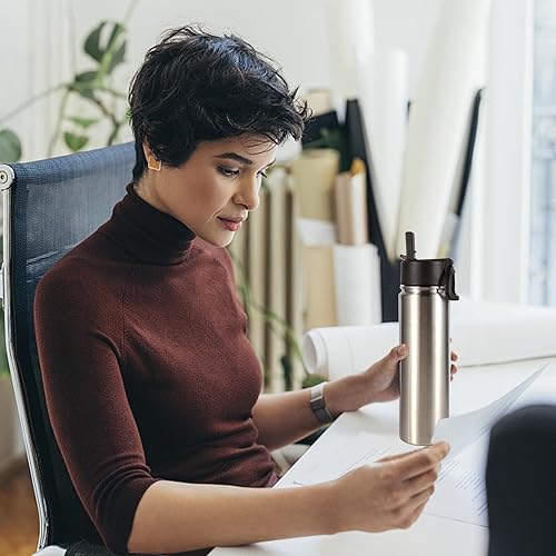 Miniatura 7 de Volhoply Botellas de agua aisladas de 22 onzas con tapa con popote, botella deportiva de acero inoxidable con asa, vasos de agua de viaje de metal