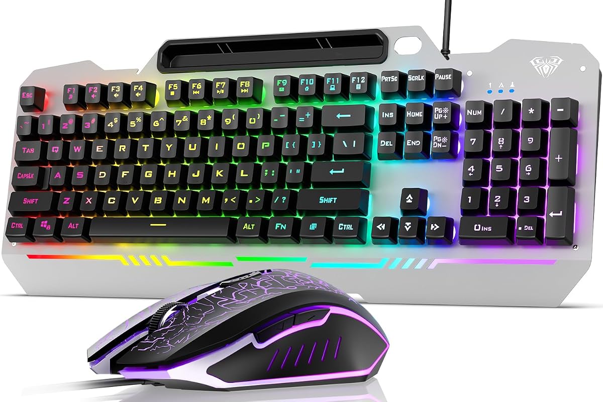 AULA Gaming Keyboard and Mouse,Wired 104-Key Mouse and Keyboard Combo Metal | Full Size Computer Keyboards with Number Pad,New Update Version,RGB Backlit Anti-Ghosting PC Keyboard for Laptop WinXP/7/8/10