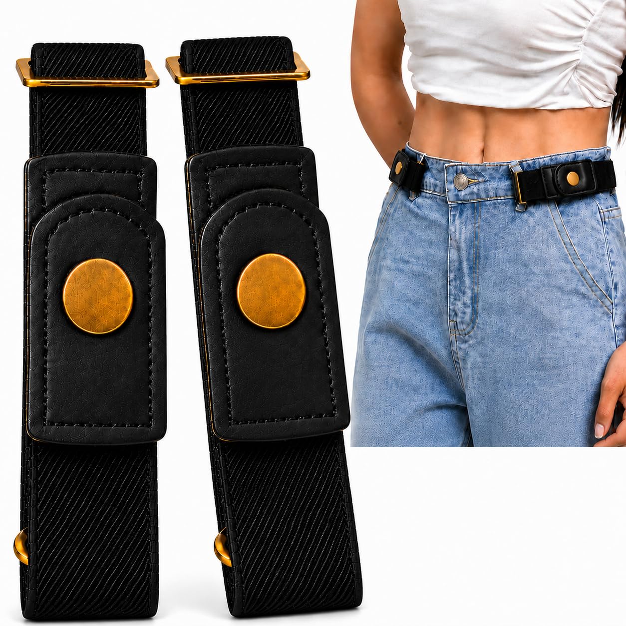 Hemios Unisex Black 2-Pack No Buckle Belts For Men & Women, Adjustable Buckless Belt, Elastic Waistband Up To 72 Inches, Elastic Waist Belt For Jeans, Trousers & Formal Pants, Comfortable Invisible Belt For Everyday Wear