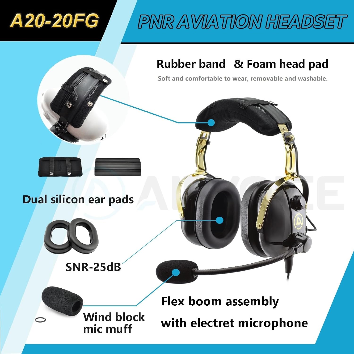 AIRVOICE Aviation Headset for Pilots with Passive Noise Cancellation, PNR Aviation Headset with Comfortable Earpads and Flexible Microphone, General Aviation Headset with Carrying Case