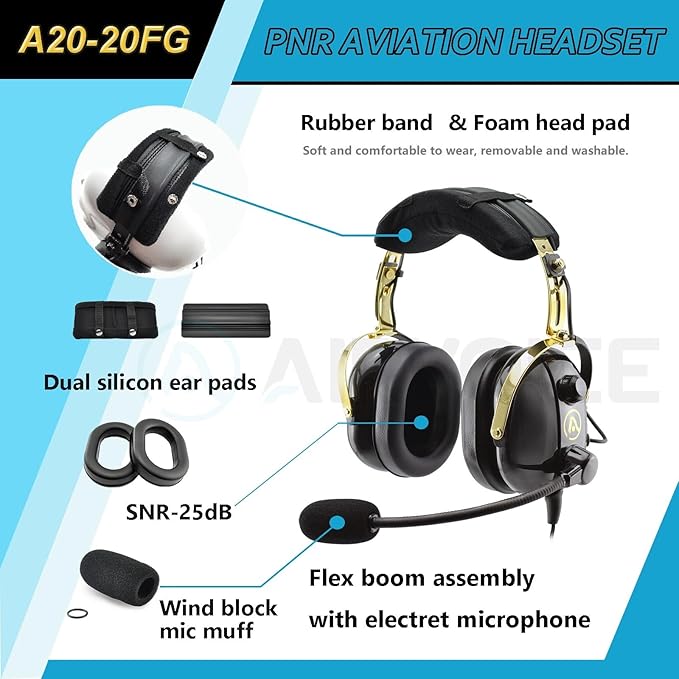 AIRVOICE Aviation Headset for Pilots with Passive Noise Cancellation, PNR Aviation Headset with Comfortable Earpads and Flexible Microphone, General Aviation Headset with Carrying Case