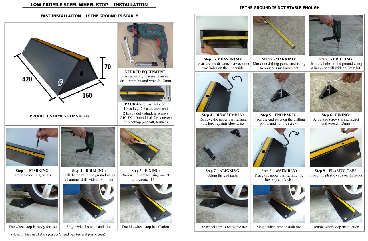 Fermaruota per Parcheggi e Garage, in Acciaio, Profilo Basso, Nero e Giallo, 42x16x7 cm (Pacco da 1)