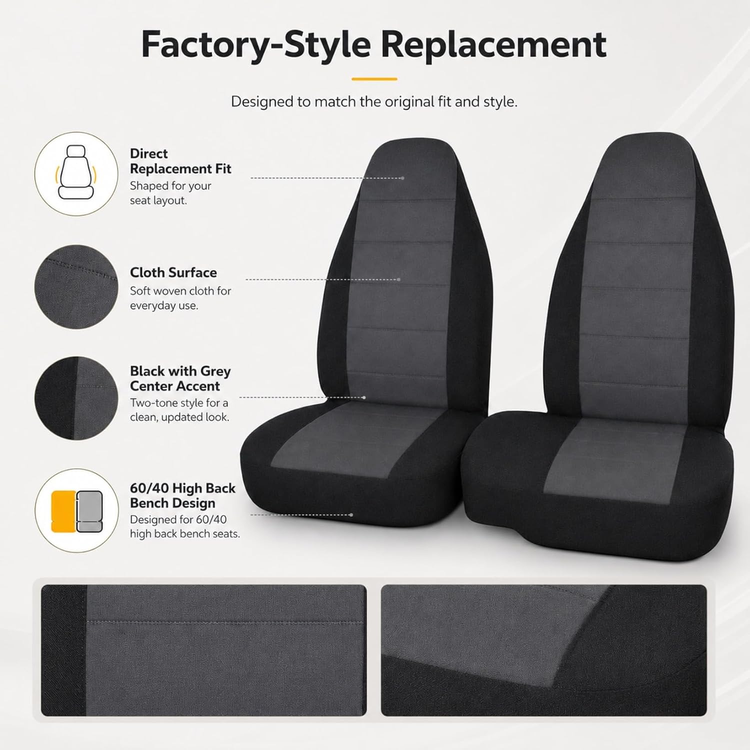  2-Piece Front 60/40 High Back Bench Seat Covers fit for Ford Ranger Pickup 1998-2003 XLT XL Edge Sport Without Console Cover Slip-On Design with Headrest Covers Black thumbnail