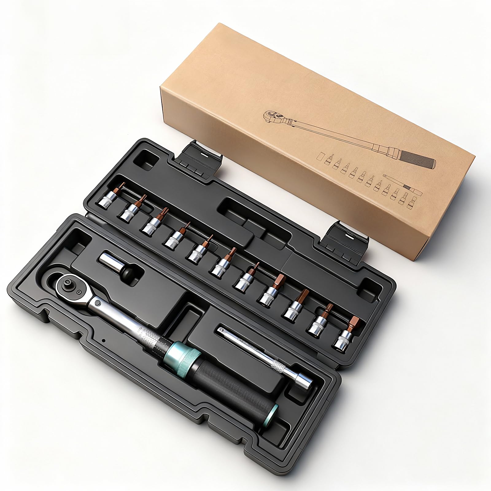 Clé Dynamométrique 1/4" 1-25Nm pour Vélo et Moto | Précision ±3% | Mécanisme à Clic Réversible 72 Dents | Kit d'Entretien avec Douilles Allen, Barre d'Extension, Adaptateurs