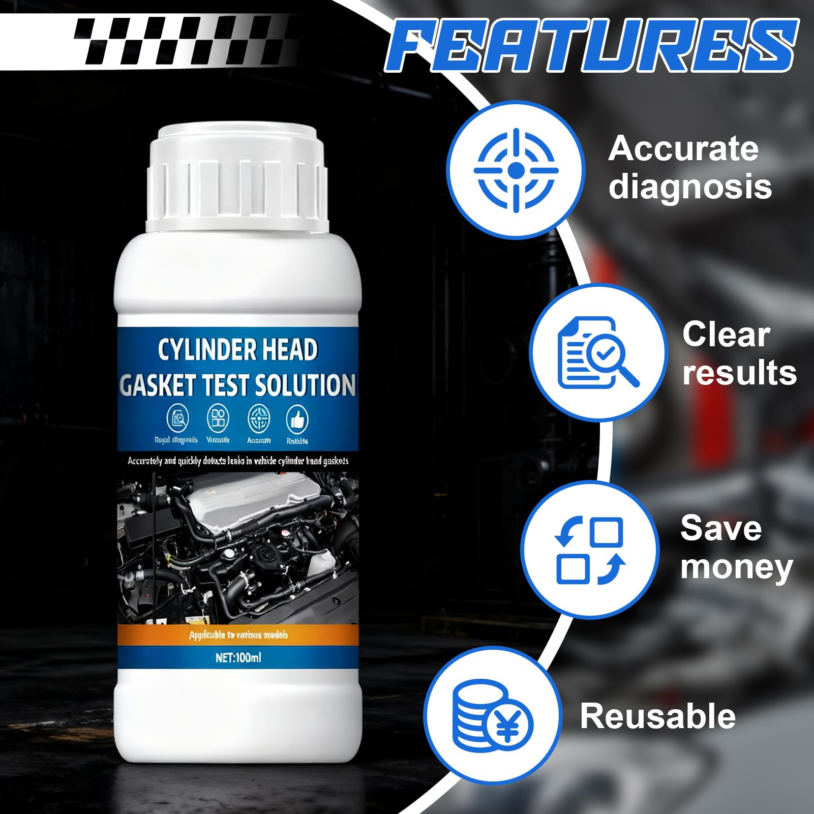 Test Guarnizione Testata, Tester di Guarnizione a Testa Cilindrica CO2 - Diagnosi Rapida e Affidabile per 50 Test, Kit Universale Rilevatore di Perdite CO₂ per Auto e Moto