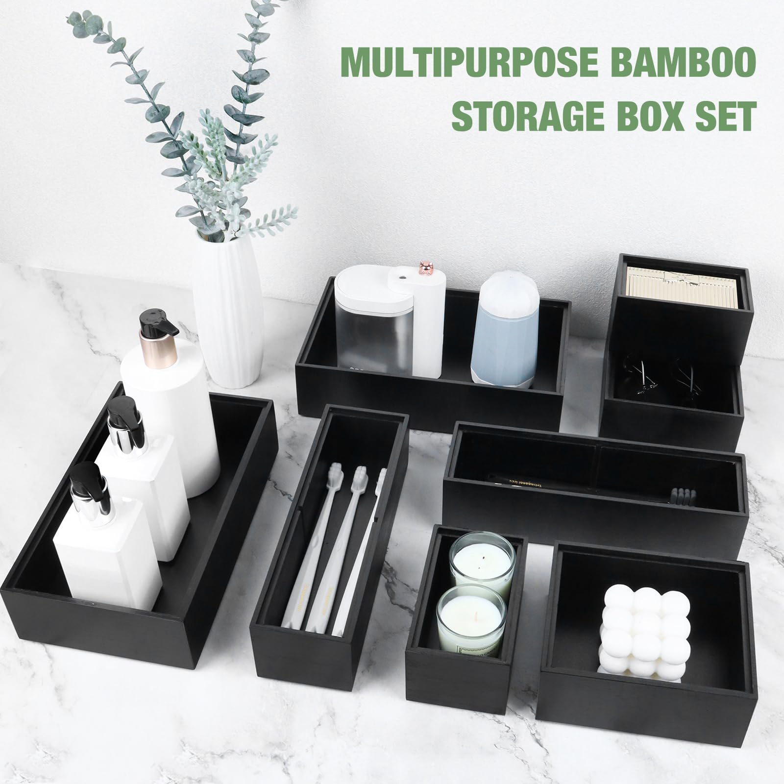 Juego de organizador de cajones de bambú, 8 cajas de almacenamiento de cajones de madera multiusos, cubos divisores organizadores de cajones de basura para cocina, baño, escritorio de oficina, 6