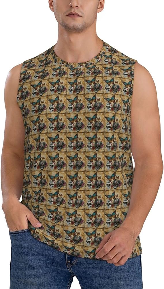 Sugar Skulls Butterfly Print Men's Sleeveless T-Shirt Breathable Athletic Tank Top for Gym Running Casual Tee
