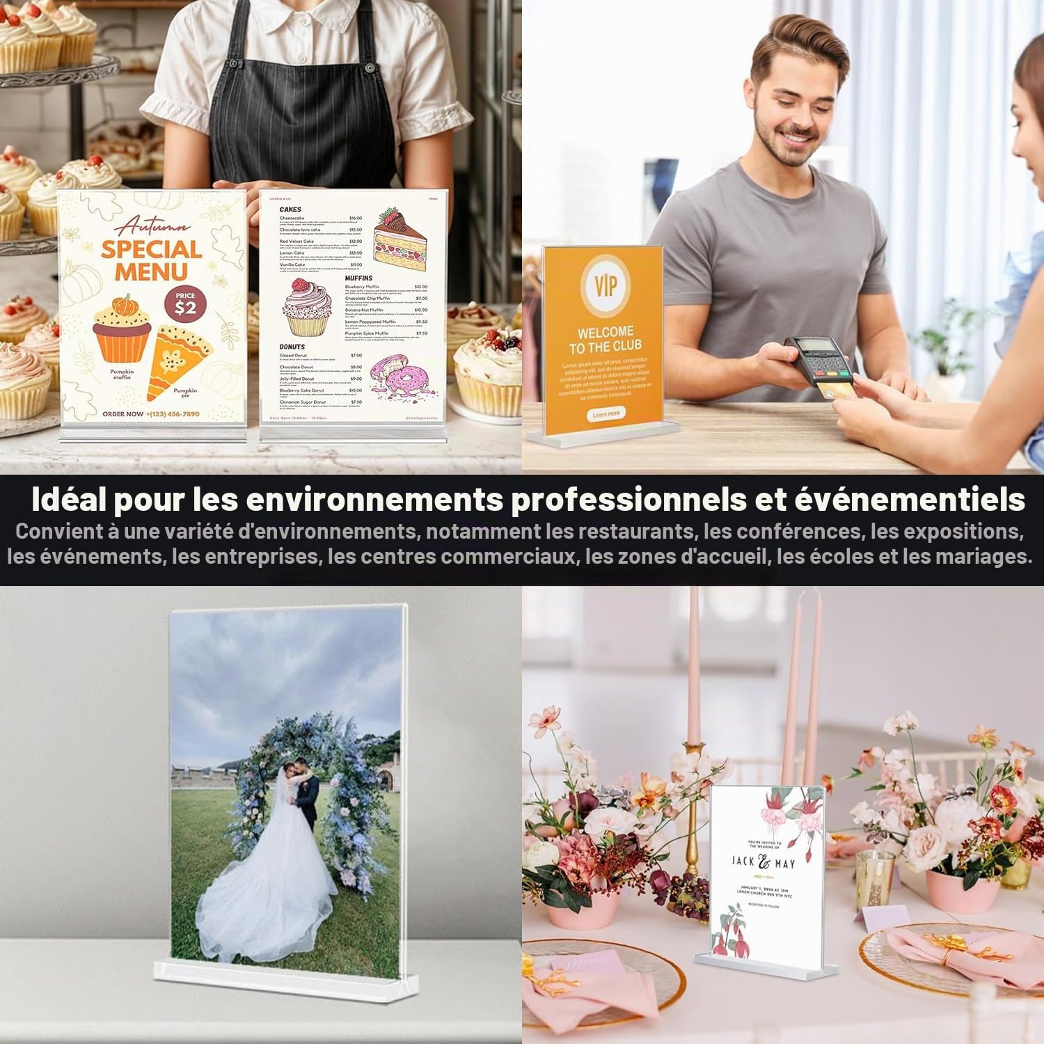 4 Pièces Présentoir de Table A4 en Acrylique,Porte-affiche pour menu de restaurant,Cadre A4 de Bureau pour Photos, Documents et Revues, Porte-Brochure Transparent pour Flyers, Buffet (forme T)