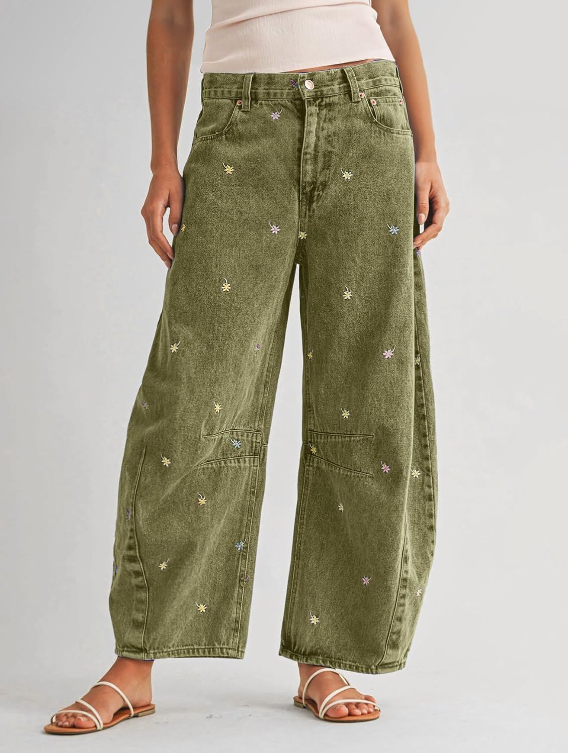 loveimgs Women Boyfriend Baggy Barrel Jeans Mid Rise Wide Leg Jeans Embroidered Denim Ankle Pants Patchwork Sweatpants Y2k