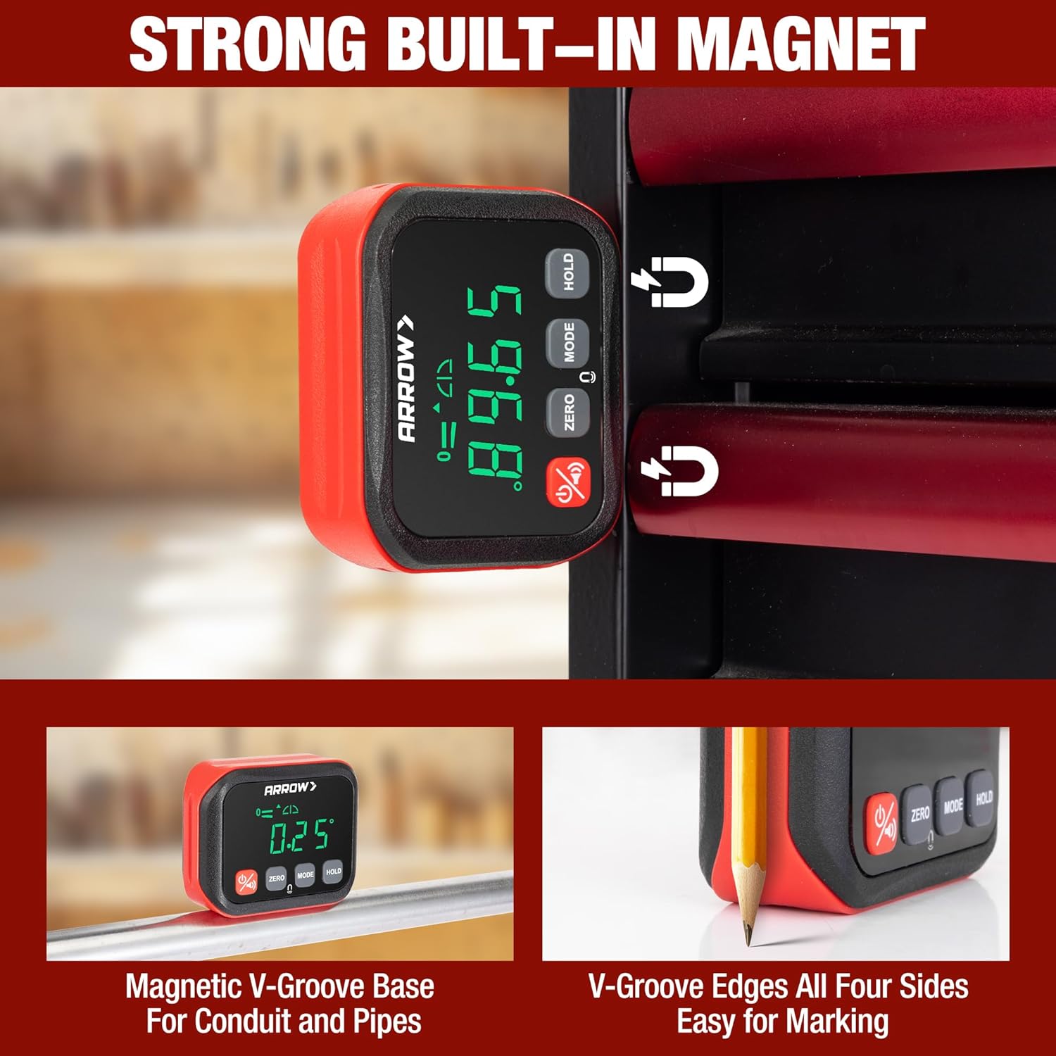 ARROW Digital Angle Gauge with Magnetic Base for Table Saw, Woodworking, Pipe Installation, ±0.1° Accuracy Angle Finder with Calibration, Dual Range, Auto-Rotating LCD Display with Audible Indicator